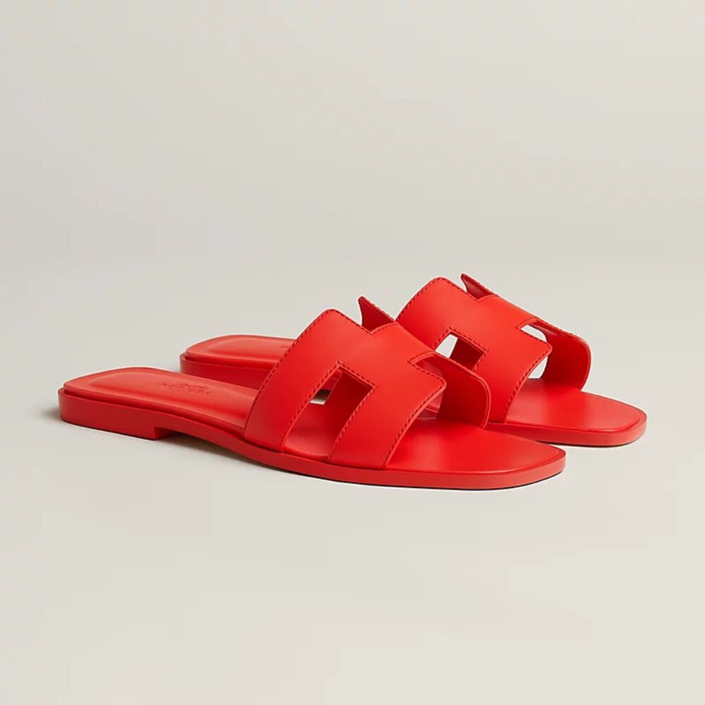 Hermes Red Oran Leather Slide Sandals